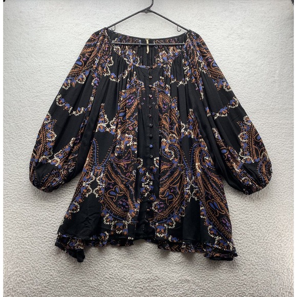 Free People Mini Dress Womens XS Flowy Loose Fit Boho Floral Hippie Pockets - Picture 2 of 13